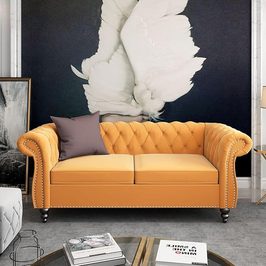 AVZEAR Chesterfield Loveseat Modern Velvet Sofa Tufted Couch 2 Seater with Scroll Arms and Nailhead for Living Room Bedroom Office Apartment Yellow