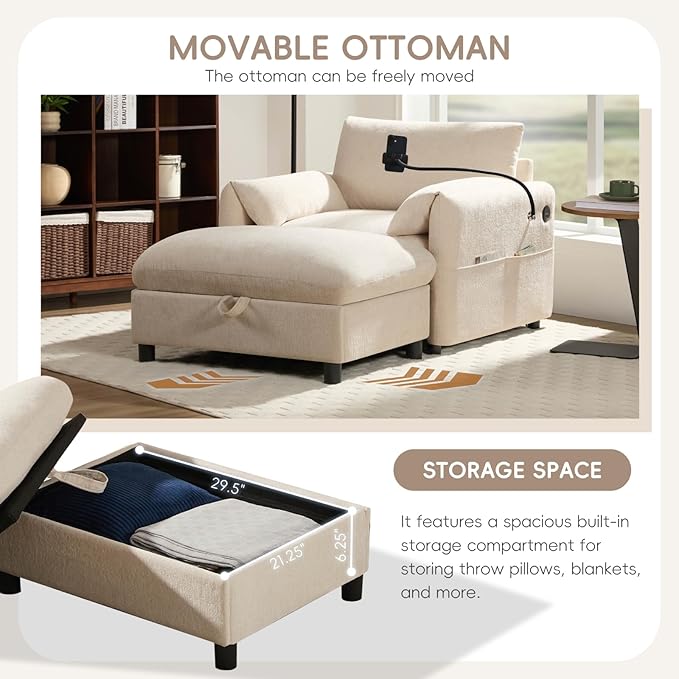 Oversized Accent Sofa Chair with Ottoman Chaise Lounge Chair with Phone Holder USB Charger Side Pockets Chenille Reading Armchair for Living Room Bedroom (Beige)