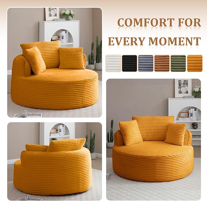 53'' Oversized Round Chaise Longue Chair Upholstered Corduroy Single Cloud Circle Sofa Chair Comfy Deep Seat Boneless Couch Bed No Assembly Required for Living Room Bedroom Apartment Yellow