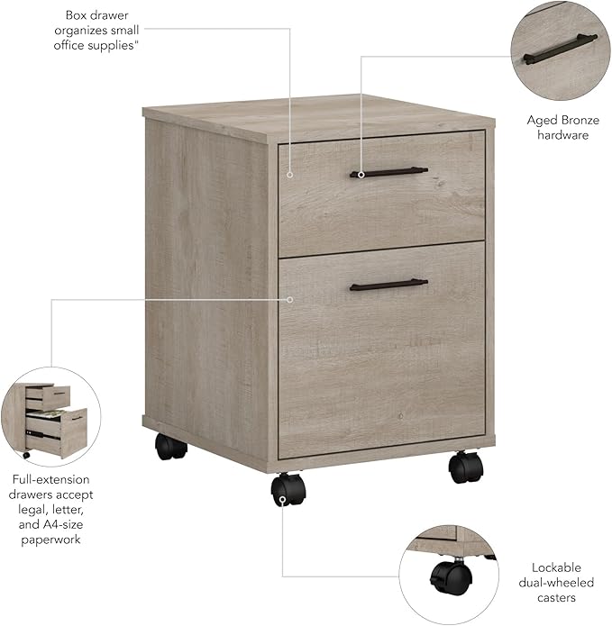 Bush Home Key West 2 Drawer Mobile File Cabinet Rolling File Cabinet for Home Office