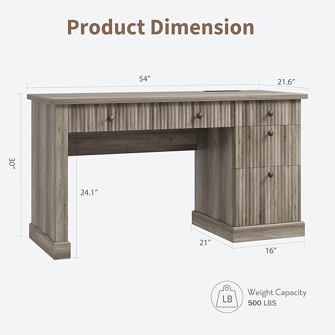 Garvee Fluted Home Office Desk Storage 54 Modern Executive Desk with Charging Station Wooden Computer Writing Desk with File Cabinet &amp Drawers for Study Living Room Bedroom