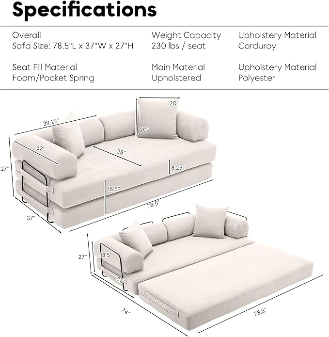Convertible Sleeper Sofa Bed with Fixed-Shape Frame Modern Corduroy Folding Boneless Couch with 2 Pillows Comfy Floor Sofa Couch for Living Room No Assembly Required (Beige White)