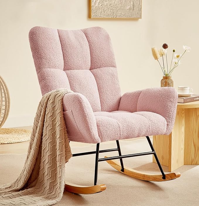 Teddy Rocking Chair Nursery Modern Teddy Fabric Nursing Chair for Mom and Baby Accent Upholstered Rocker Glider Chair with High Backrest for Nursery Living Room Bedroom (Pink)