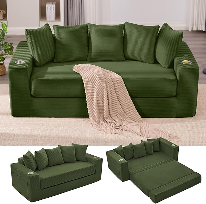 Anwick 2-in-1 Convertible Sleeper Sofa Bed Corduroy Boneless Loveseat Cloud Couch for Living Room Compressed Sofa in a Box 5 Pillows Fixed Frames Side Pockets &amp Cup Holders No Assembly (Gree