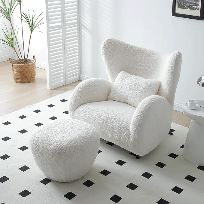 Modern Design Cream Boucle Accent Chair with Ottomans Furry Sherpa Elegant Single Sofa Oversized Chair Living Room Chairs Comfy Upholstered Armchair for Bedroom Office Apartment Balcony Beige