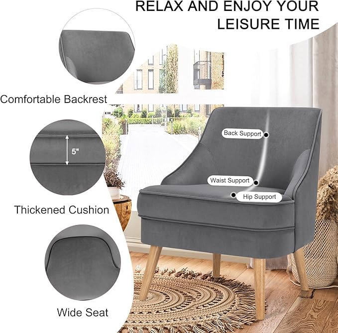 Giantex Velvet Accent Chair Mid Century Single Sofa Chair w/Rubber Wood Legs Comfy Slipper Chair Upholstered Armless Leisure Side Chair for Living Room Bedroom Meeting Room Grey