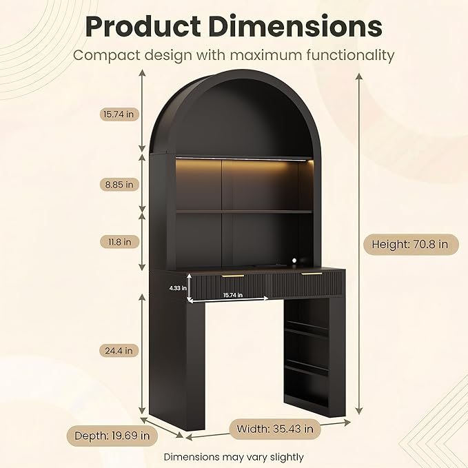 Arched Writing Desk with Hutch Home Office Desk with 2 Drawers Secretary Desk with Outlets 3 Color LED Lights Open Shelves Computer Desk for Small Space Bedroom 35.4 W x 70.8 H (Black)