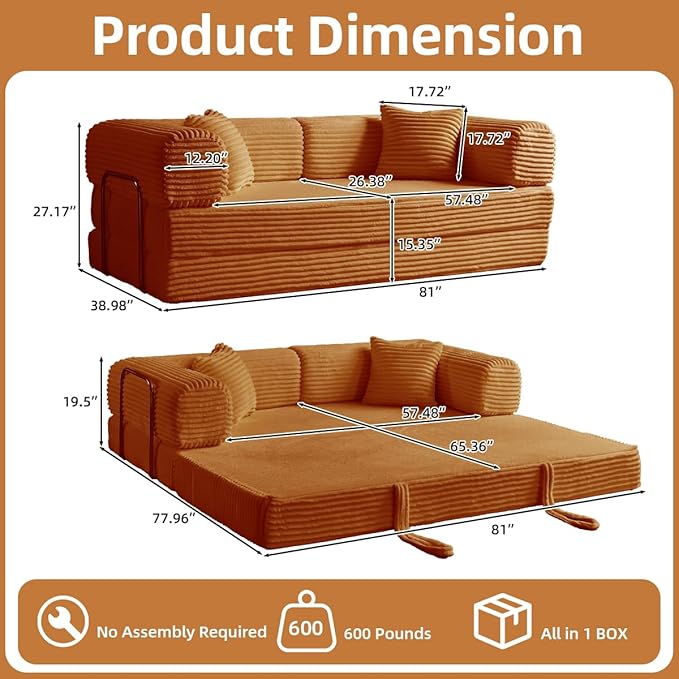Convertible Folding Sofa BedFold Out Floor Sofa Couch with Fixed-Shape FrameCorduroy Foldable Mattress Cloud Couch for Living Room Bedroom (Orange 81 Inch)