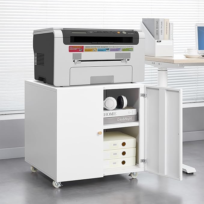 Mobile Lateral File Cabinet Lateral Filing Cabinet Metal Printer Stand with Storage Metal Printer Stand with Wheels and Adjustable Shelf for Home Office Tall White