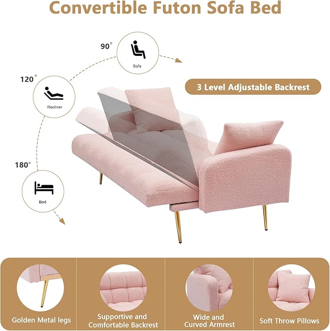 Teddy Futon Sofa Bed69 Modern Small Love Seat Couch for Small SpacesConvertible Tufted Sleeper Sofa Loveseat Couch Bed with Gold Metal Legs for Living RoomBedroomApartment (Teddy Pink)