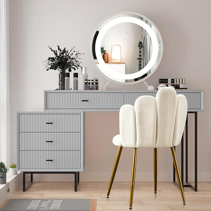 Vanity Chair for Makeup Room - Midcentury Modern Accent Chair for Living Room Bedroom Makeup Chair with Back Support Velvet Chair with Gold Legs (Cream)