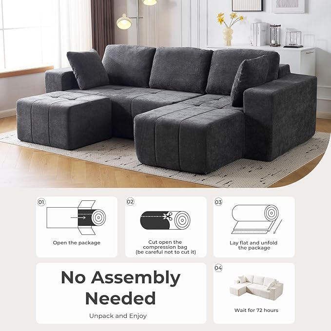 105 Cloud Modular Sectional CouchChenille Boneless Couches with Deep SeatUpholstered U-Shape Sofa with Chaise Sectional Couch with Ottoman No Assembly Required (Grey Right Facing Chaise)