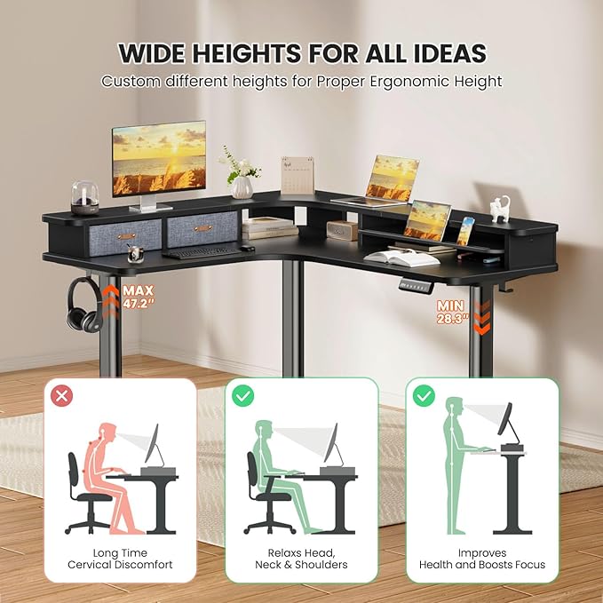 Flycity Electric L Shaped Standing Desk with Drawers 63 x 55 Corner Standing Desk Adjustable Height Stand Up Home Office Desk Dual Motor Sit Stand Desk with 3 Memory Preset &amp Lock Black