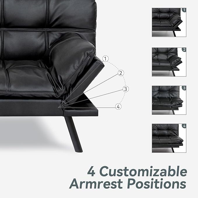 Futon Sofa Bed Convertible Couch Black Faux Leather Sofa Bed with Memory Foam Adjustable Backrest &amp Armrests Multifunctional Small Loveseat Sleeper Sofa for Living Room Apartment Office