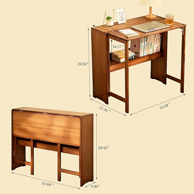 Sang Seiyoga Bamboo Folding Desk with Storage Shelf Space Saving Computer Table for Small Spaces Foldable Study Desk for Home Office Bedroom Dorm Apartment (Walnut)