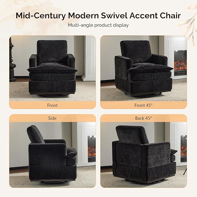VINGLI Mid-Century Modern Single Swivel Armchairs Set of 2 360° Swivel Double-Layer Seat Cushions Upholstered Square Club Chair for Living Room Bedroom Reading RoomChenille Black