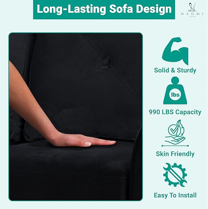 Naomi Home Raelynn Button Tufted Sofa Affordable Black Modern Sofa - Microfiber Couch for Small Spaces Cama para Sala Modernos Baratos - Durable Sturdy Living Room Furniture Tool - Free Assembly