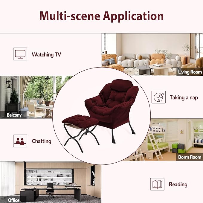 Lazy Chair with Folding Ottoman Accent Chair Velvet Upholstered with Metal Structure and Non-Slip Pads Sofa Armchair with Footrest and Side Storage Bag for Dorm Room Office Burgundy