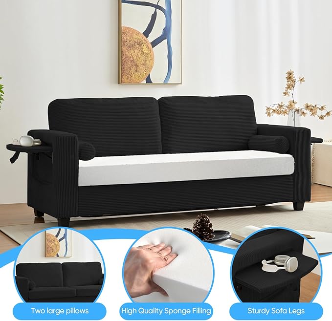 Mjkone 82 Width Queen Size Pull Out Sofa Bed Sleeper Couch with Pull Out Beds 2-in-1 Convertible Corduroy Loveseat Sleeper Sofa Couch Bed with Folding Mattress for Living Room Home Apartment Black