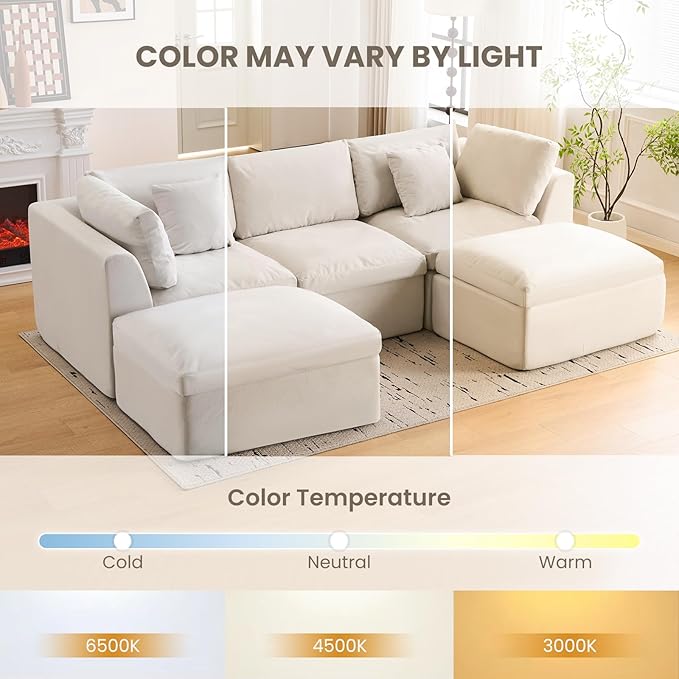 U Shape Modular Sectional Sofa 4 Seater Modular Couch with Ottomans Fully Compressed Boneless Modular Sofa for Living Room (Warm White)