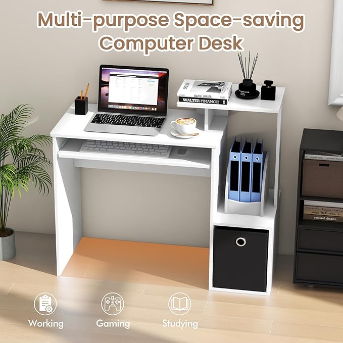 Giantex White Computer Desk with Drawers &amp Keyboard Tray Modern Home Office Desk with Storage Shelves &amp Printer Stand Laptop PC Table for Workstation Study Writing Desk for Small Spaces Be