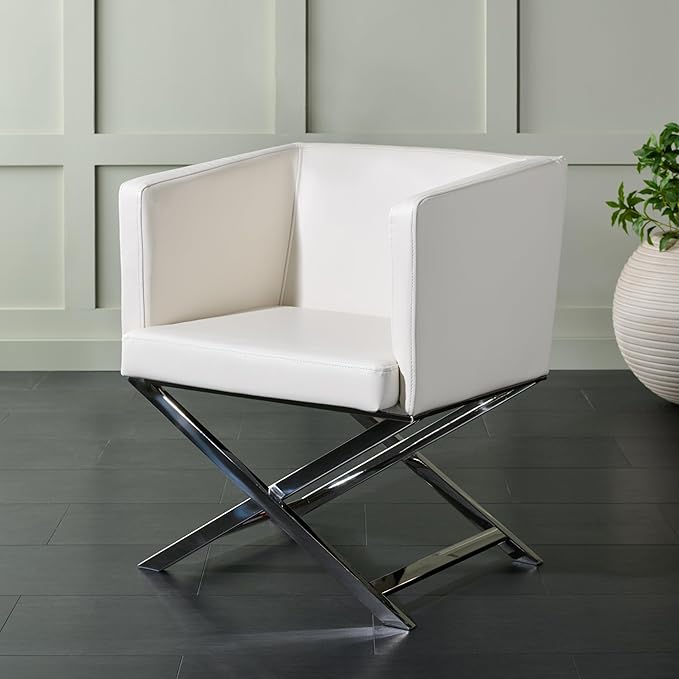 Safavieh Home Collection Celine White and Chrome Modern Glam Bonded Leather Cross Leg Chair
