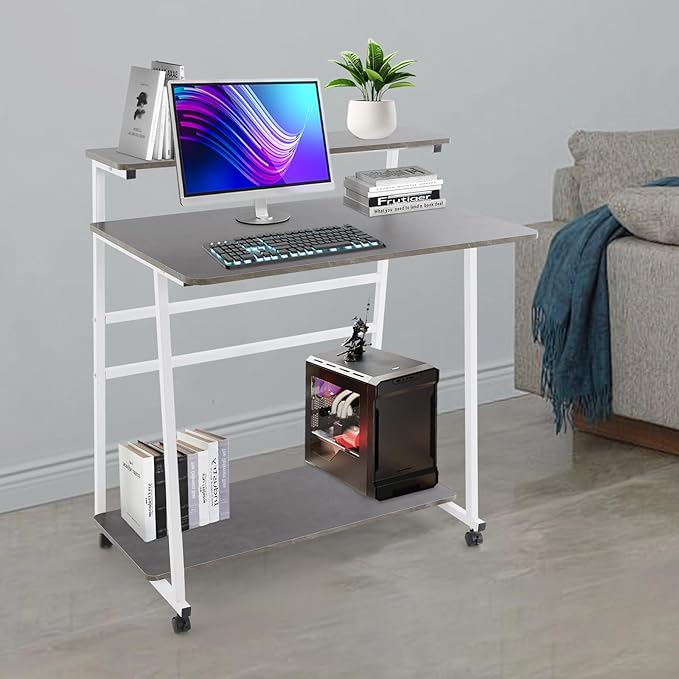 3 Tier Home Office Desk Adjustable Rolling Computer Desk with Wheels &amp Foot Pads for Home Office Study Apartment Dorms 31.5 Desktop (White Frame &amp Grey Board)