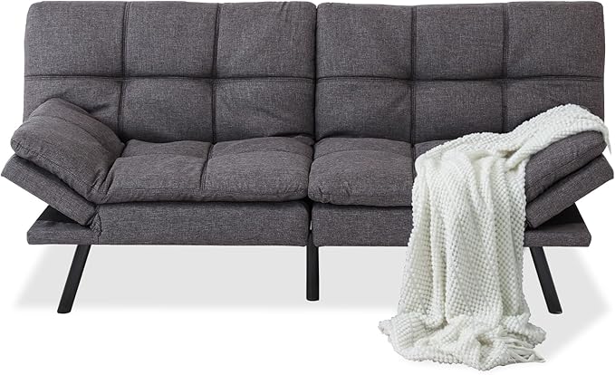MUUEGM 71 Futon Couch Filled with Memory Foam Convertible Futon Sofa Bed with Adjustable Backrest Armrest Folding Futon for Living Room Small Space Loveseat for Sleeper(Fabric Dark Gray)