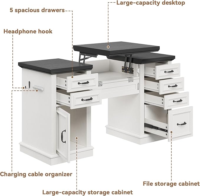 Farmhouse 57 Lift Up Executive Desk with 5 Drawers and Charging Station Wood Home Office Computer Desk with File Cabinet Storage Keyboard TrayHeadphone Hook for WorkStudy (White+Black)