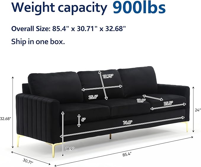2 Piece Sofa and Loveseat Set Comfy Tufted Velvet Couch and Loveseat Sets Furniture with Gold Leg Mid Century Modern Couch Soft Upholstered Sofa Set of 2 for Living Room Bedroom Office (Black)