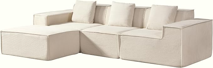Rowan Convertible Corduroy Sectional Couch with Ottoman &amp Pillows Modular L Shaped Sleeper Sofa Boneless Cloud Couch for Living Room Furniture Beige