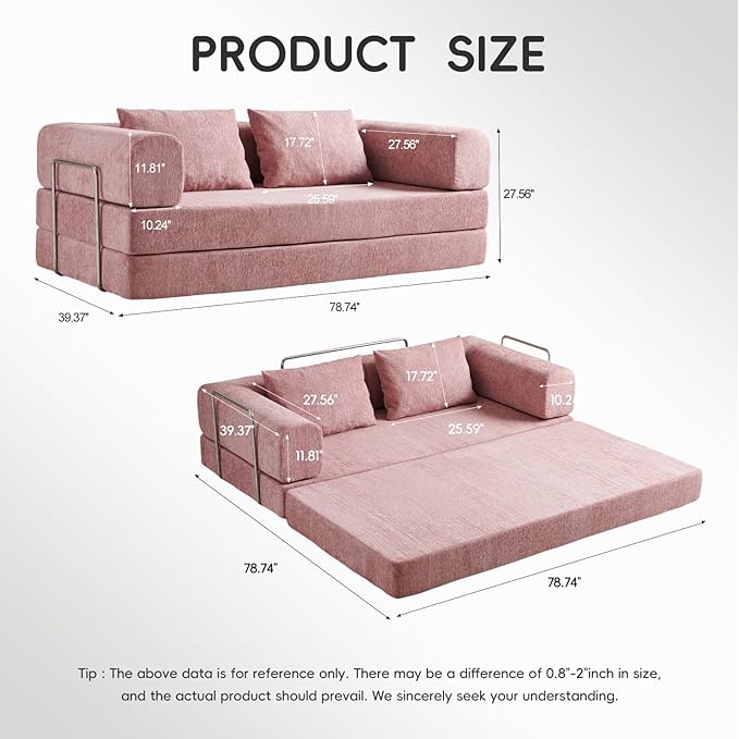 5-in-1 Convertible Folding Sofa Bed 79 Queen Chenille Boneless Couch with Removable Armrests No Assembly Loveseat Sleeper Sofa Modular Futon Couch for Living Room &amp Bedroom (Pink)