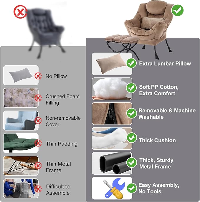Lazy Chair with Ottoman Modern Accent Chair with Lumbar Pillow Velvet Khaki Sofa Armchairs with Folding Footrest Oversized Supportive Chairs for Bedroom Reading