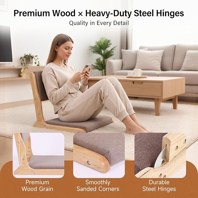 Tiita Floor Chair with Back Support Foldable Meditation Tatami Chairs Backrest Chair with Cushion Living Room Chair Seat 4 Pack Wood Grey
