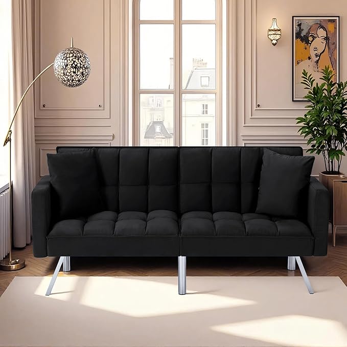 78 Modern Sofa Bed FutonConvertible Sleeper Bed Couch with 4 Reclining BackrestComfy Velvet Cloud Sofa Loveseat for Living Room Bedroom Office (Black)