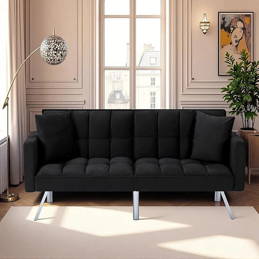 78 Modern Sofa Bed FutonConvertible Sleeper Bed Couch with 4 Reclining BackrestComfy Velvet Cloud Sofa Loveseat for Living Room Bedroom Office (Black)