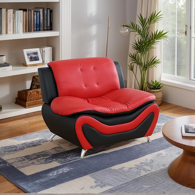 Living Room Furniture Set for Living Room Faux Leather Couch Sets Modern Couch for Apartment Home Office(ChairRed&ampBlack)