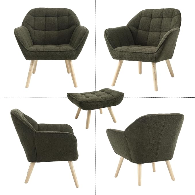 Modern Sherpa Accent Chair with Ottoman Fluffy Upholstered Lounge Chair with Footrest Comfy Living Room Side Boucle Armchair for Small Space Bedroom Apartment Green