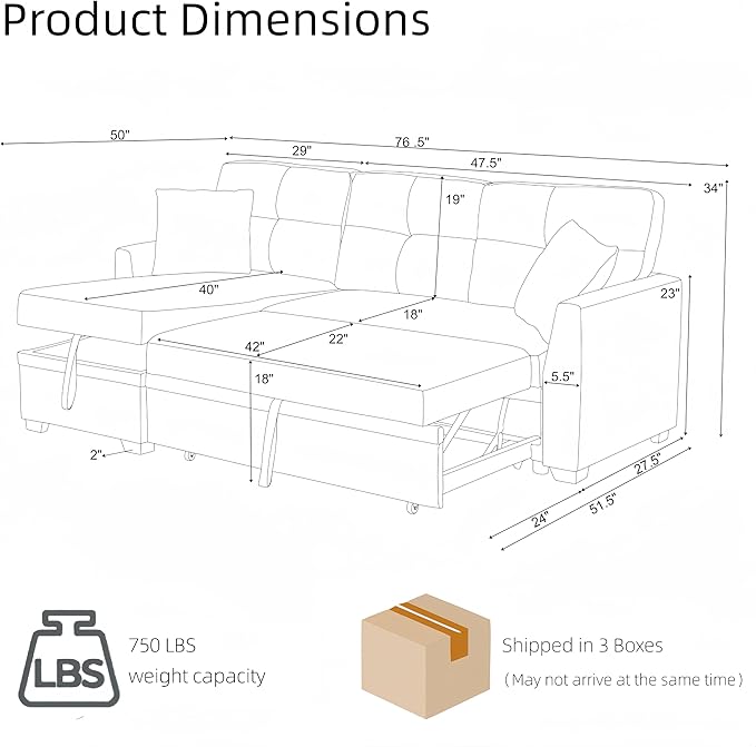 Convertible Sleeper Sofa Bed with Pull Out Couch L Shaped Couch with Chaise Storage Small Sectional Couches for Living Room Apartment | Linen Fabric | 76.5 | Beige