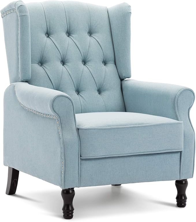 Artechworks Winged Fabric Modern Accent Chair Tufted Arm Club Chair Linen Single Sofa with Wooden Legs Comfy Upholstered for Reading Living Room Bedroom OfficeLight Blue