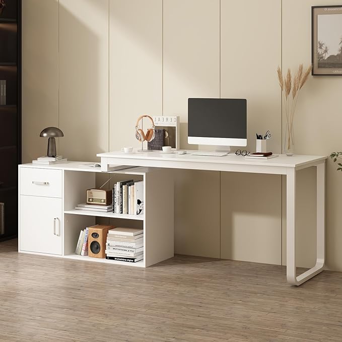 ECACAD Shape Adjustable Computer Desk with Storage Cabinet L Shaped Corner Home Office Desk Study Writing Table with Drawer Door &amp Adjustable Shelves White