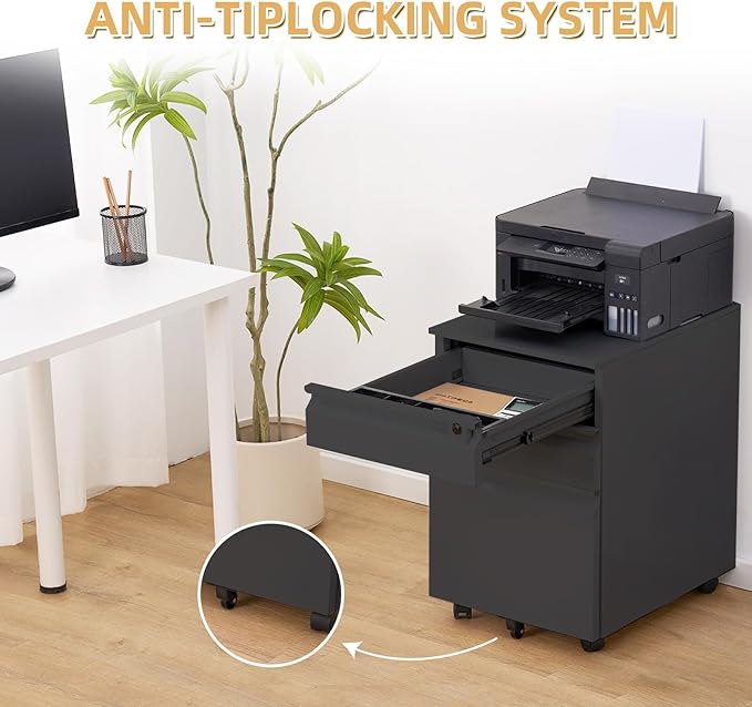 3 Drawer Metal Filing Cabinet with Lock Black Mobile File Cabinets for Home Office Under Desk Rolling Storage for Legal Letter A4 Files (15.3 Wx19.6 Dx23.7 H)