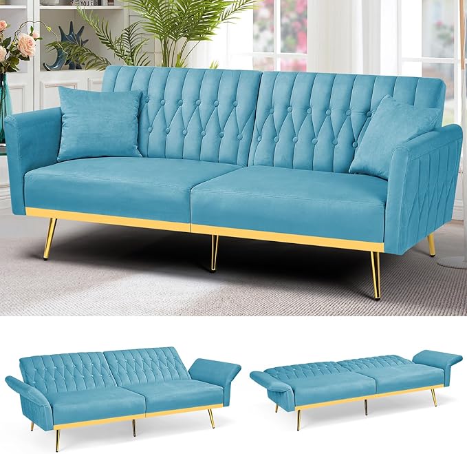 70” Velvet Futon Sofa Bed with 2 Pillows and Adjustable Armrests Convertible Sleeper Bed W/Adjustable Backrests Modern Loveseat for Living Room Bedroom Baby Blue