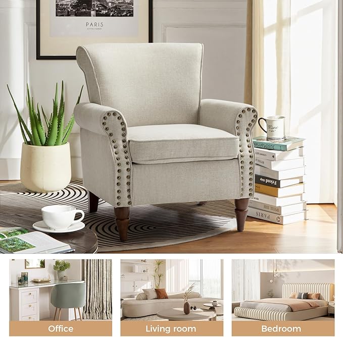 HULALA HOME Accent Chair with Wood Legs &amp Removable Cushion Modern Wingback Armchair with Nailhead Trim Comfy Upholstered Lounge Chair Single Sofa Chairs for Living Room Bedroom Oatmeal