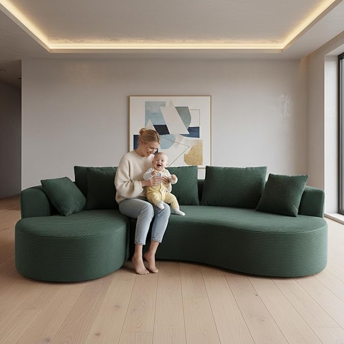 ERYE Oversized Curved Tight Backrest Sofa Floor Boneless Modular Foam Sofa Couch with Left Facing Chaise Lounge and 5 Pillows Corduroy Upholstered No Assembly Required