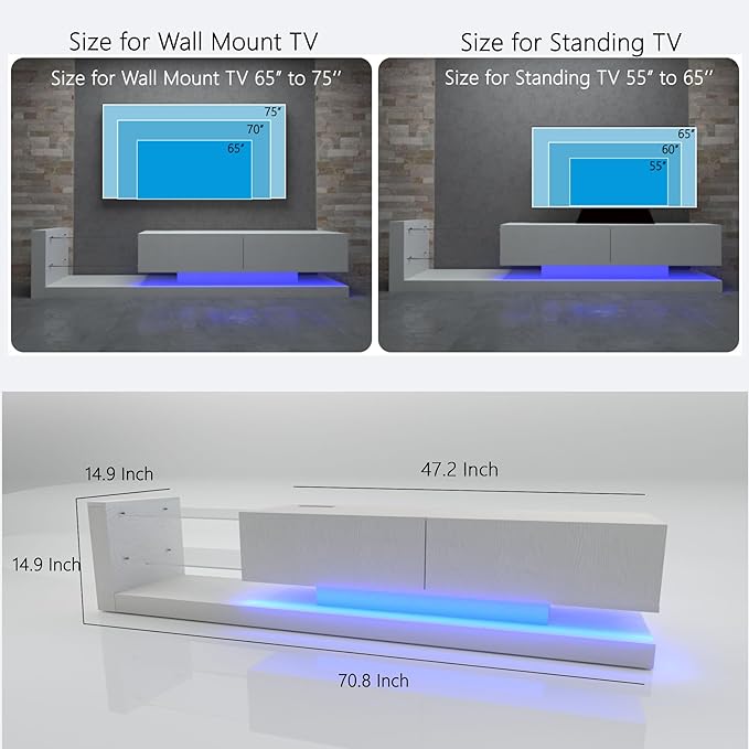 LED TV Stand for 55 65 75 Inch TV Entertainment Center Equipped with Two Pull-Down Door Storage 50 60 70 Inch TV Console with Tempered Glass and Power Cord for Living Room White