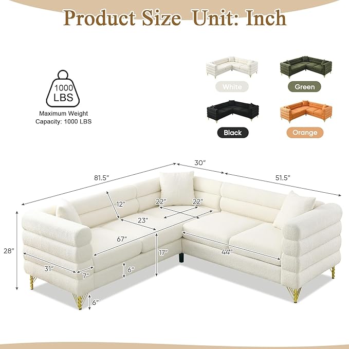 Comfy Boucle L Shaped Sofa 81.5 Oversized Sectional Couch with Deep Seated Design Upholstered Corner Sofa Couch with 3 Pillows Modern Couches for Living Room Apartment Waiting Room White Teddy