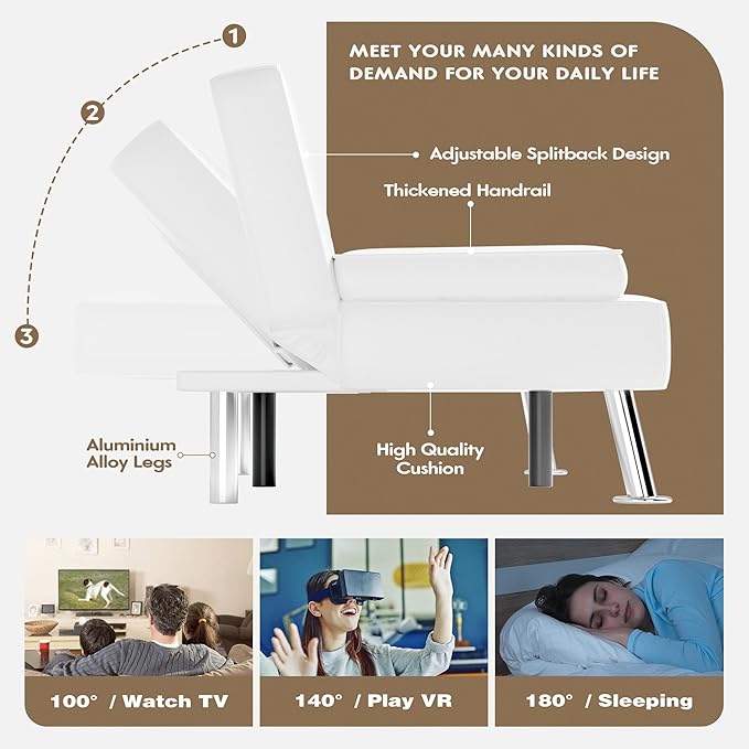 Homall Futon Sofa Bed Leather Futon Couch with Removable Armrests Adjustable Recliner Sleeper Sofa Bed with Dual Cup Holders for Living Room Apartment Office (White)