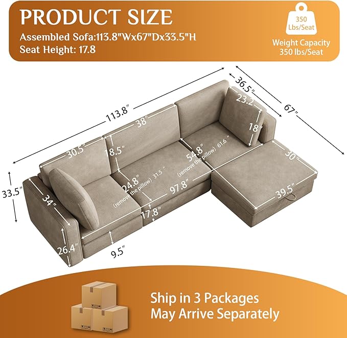 OUYESSIR 114 Oversized Modular Sectional Sofa L Shaped Sectional Couches for Living Room 4 Seat Modular Sofa with Storage Ottoman &amp Removable Cover Light Brown