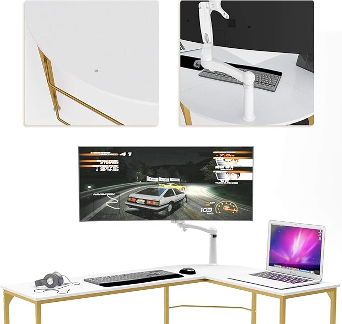Teraves Reversible L Shaped Desk White - 57.9 Corner Gaming Computer Desk Office Workstation Modern Home Study Writing Wooden Table